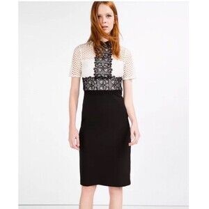 Zara Lace Midi Dress Womens XS Black White Collared Crochet Lace Retro Pencil
